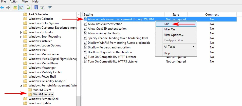 Computer Configuration > Policies > Administrative Templates: Policy definitions > Windows Components > Windows Remote Management (WinRM) > WinRM Service